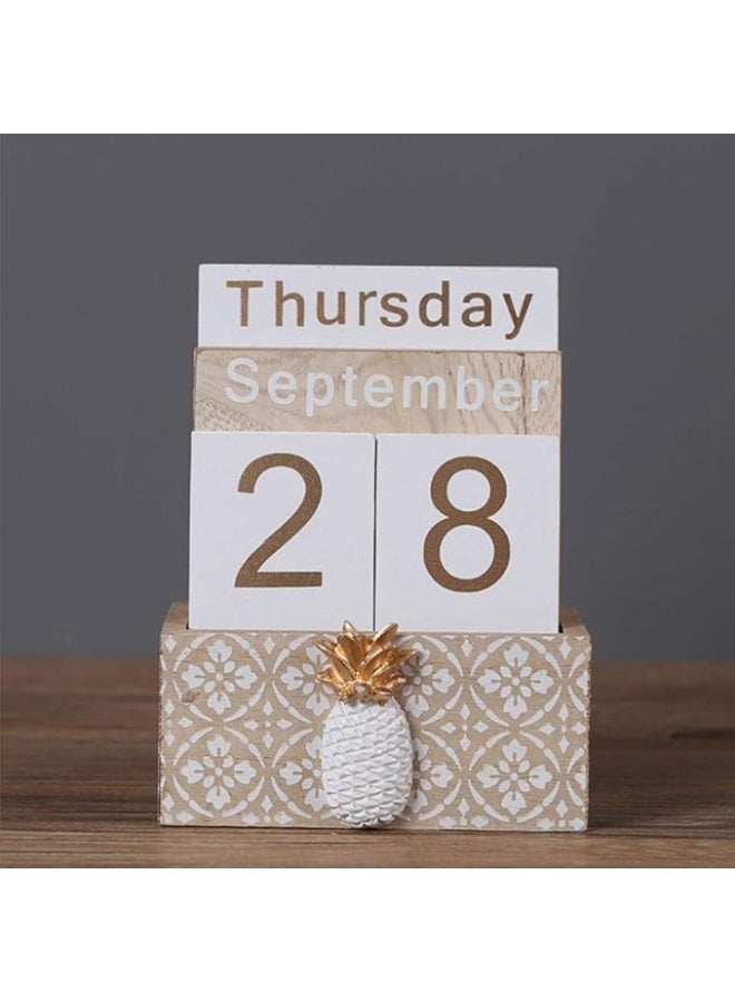 Vintage Wood Block Perpetual Calendar, Desktop Month Week Date Blocks, White and Gold, 12 x 15 cm